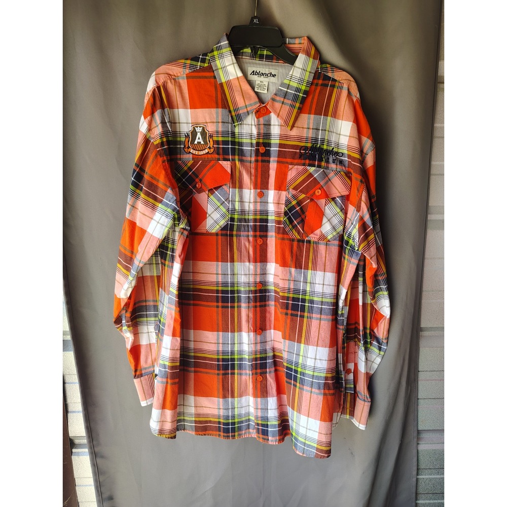 Ablanche New York Mens 3XL Plaid Button Down Shirt Orange Streetwear Embroidered